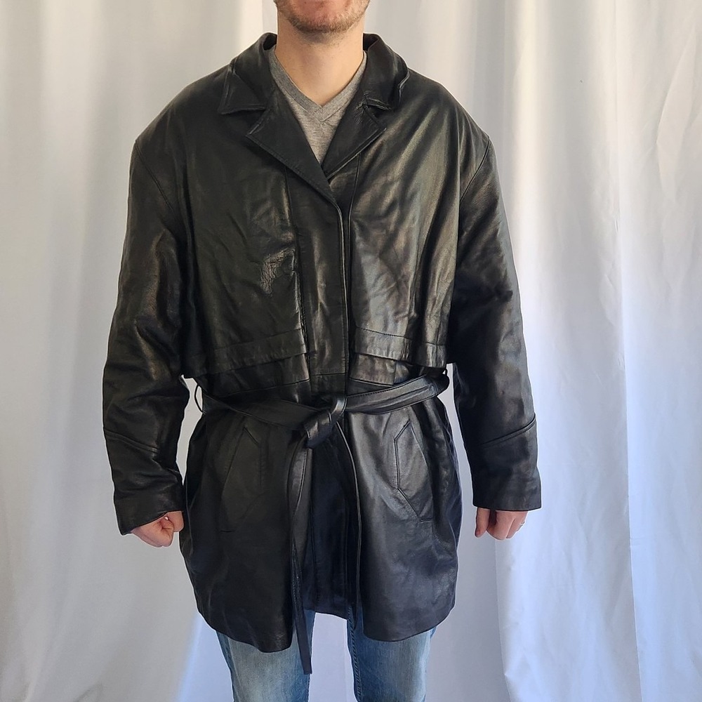 90s Black Leather Trench‎ Coat